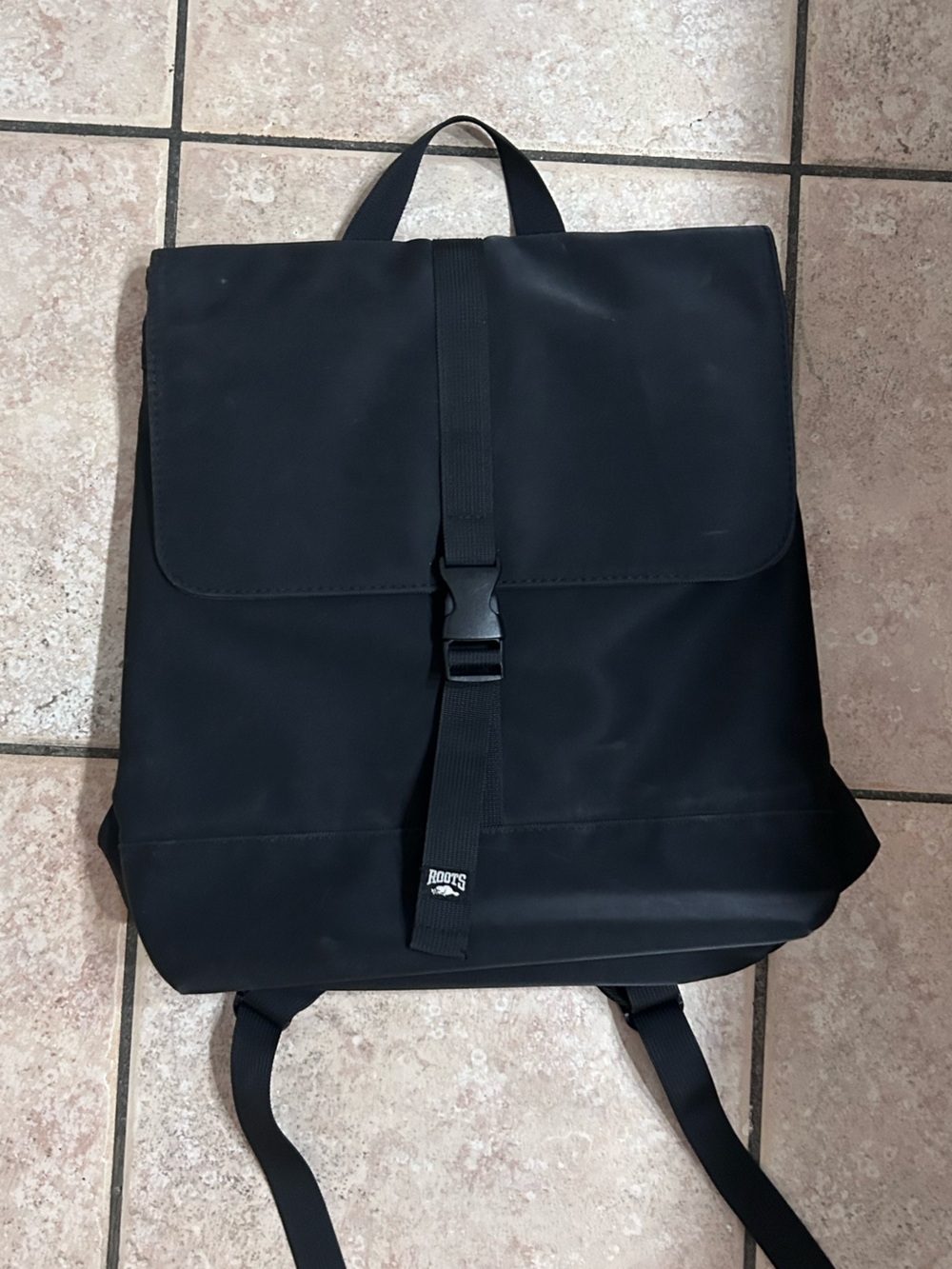 Roots Black Nylon Flap Backpack with Buckle